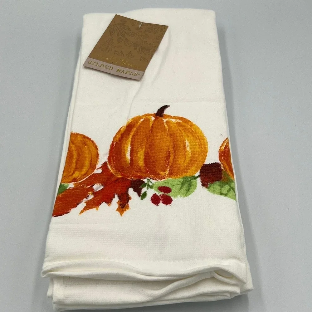 Gilded Maple Kitchen Towels Set of 2 White Orange Brand New Pumpkin Fall Decor